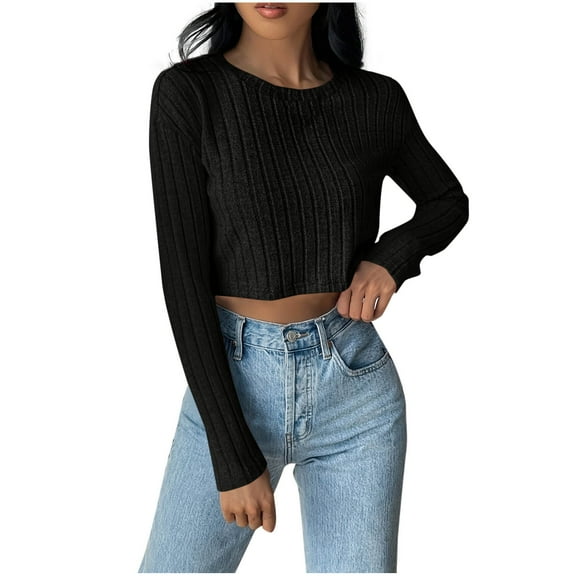 Byworldtasic Womens Oversized TopsWomens Sexy Crew Neck Cropped Sweaters Knit Long Sleeve Crop Tops Pullover
