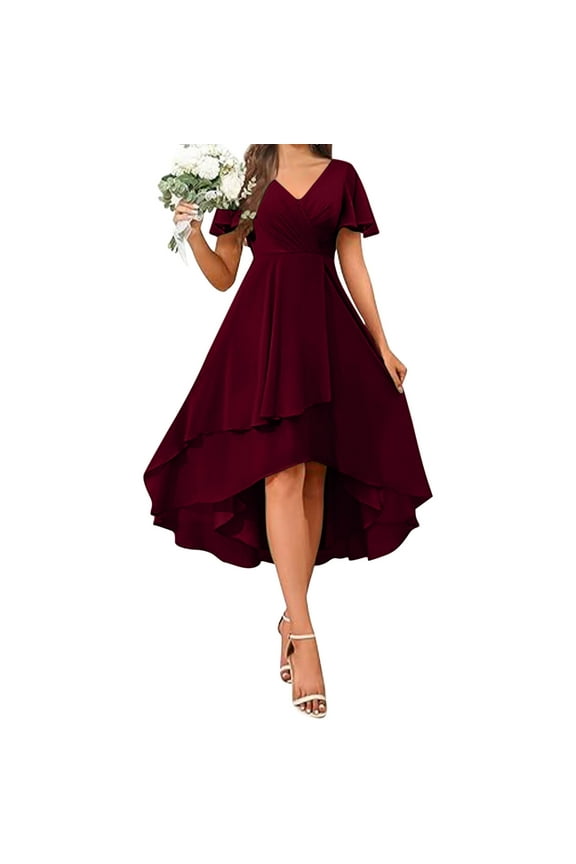 Womens Plus Size Maxi Dress Ruffle Short Sleeve Elegant Wrap V Neck High Low Split Long Dress