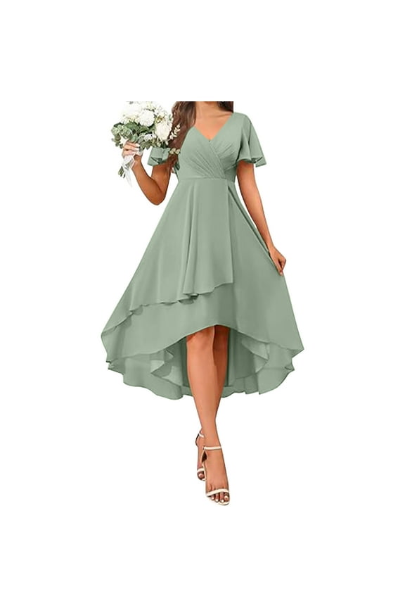 Womens Plus Size Maxi Dress Ruffle Short Sleeve Elegant Wrap V Neck High Low Split Long Dress