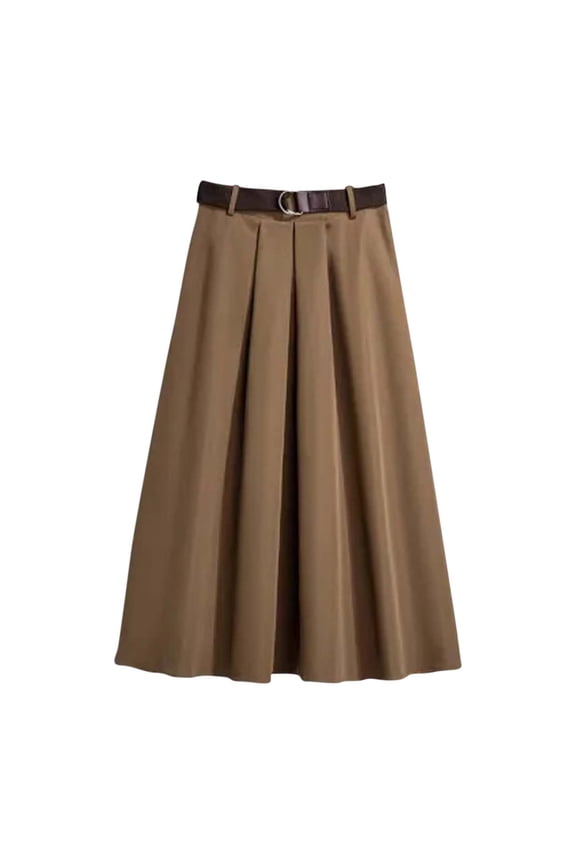 Womens Plus Size Skirts Women's Pleated High Waist Solid Color Skirt A-Line Belted Winter Fall Midi Skirt