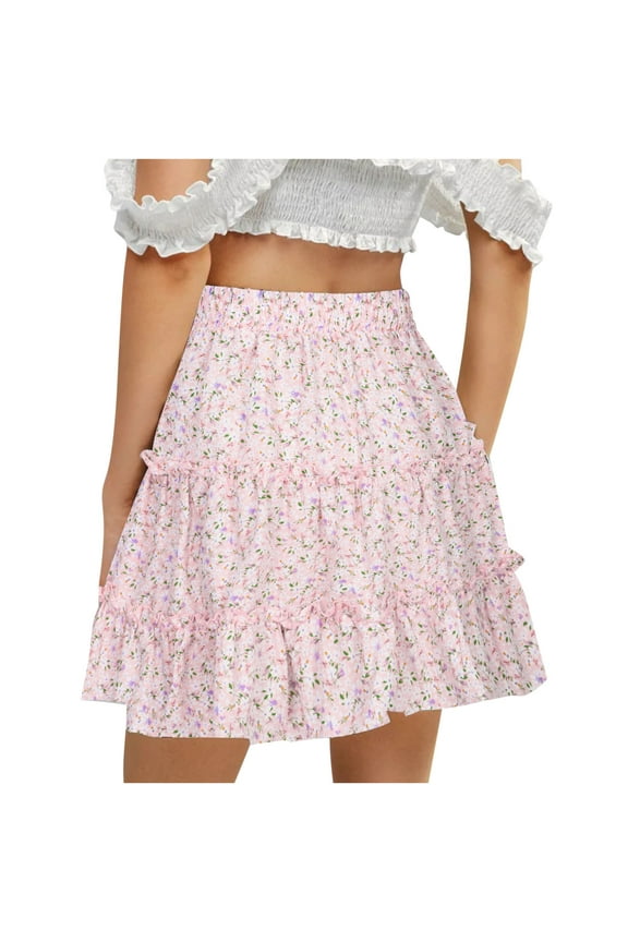 Womens Plus Size Skirts Women's Summer Elastic Waistband Boho Floral Print Mini Skirt High Waist Drawstring Tiered Skirts