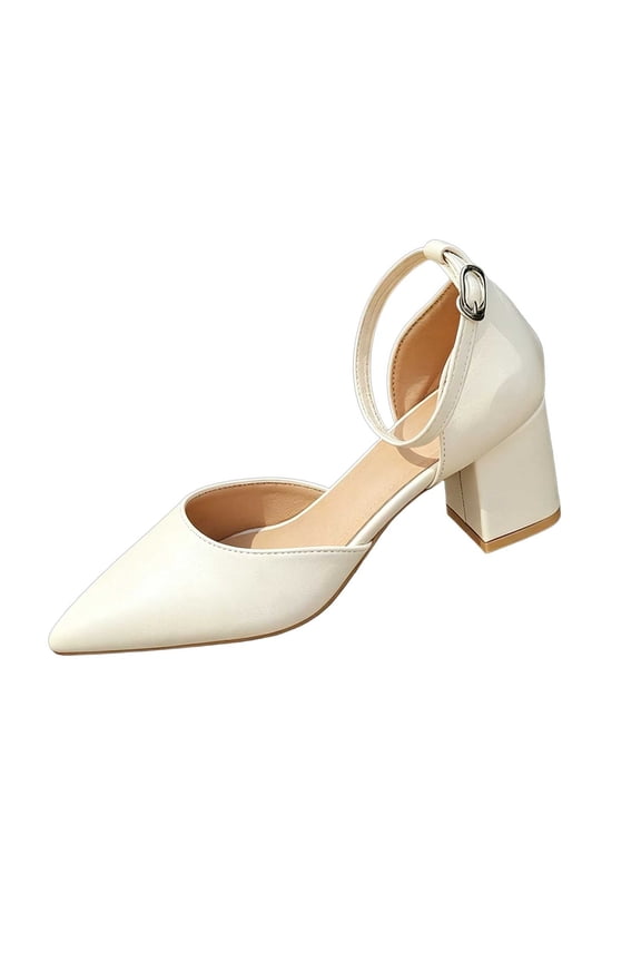Womens Pointed Toe Pumps Shoes Ankle Strap Chunky Low Heels Metal Lined Sandals