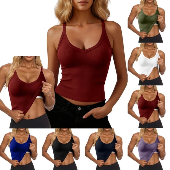 Byworldtasic Womens Ribbed Tank Tops with Built in Shelf Bra Sleeveless V Neck Knit Camisole Basic Slim Tanks