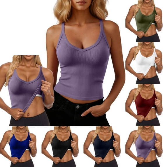 Byworldtasic Womens Ribbed Tank Tops with Built in Shelf Bra Sleeveless V Neck Knit Camisole Basic Slim Tanks
