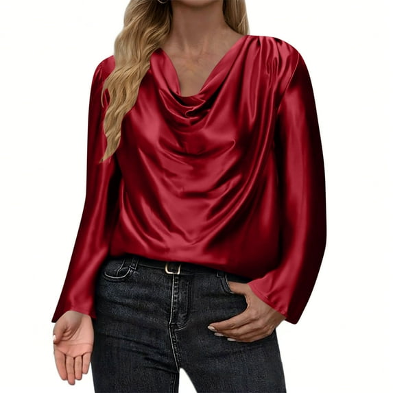 Byworldtasic Womens Satin Blouse Cowl Neck Draped Silky Long Sleeve Dressy Tops Fall Trendy Business Casual Clothes