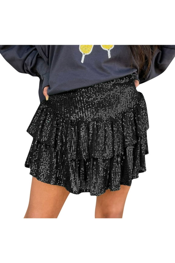 Womens Sequin Skirt Sparkly Cute High Waist Ruffle Flowy Shiny Glitter Mini Short Skirts