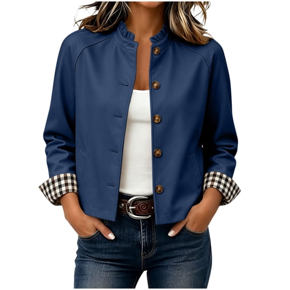 Byworldtasic Womens Short Trench Coat Ruffle Stand Collar Single Breasted Cropped Jackets Casual Outerwear
