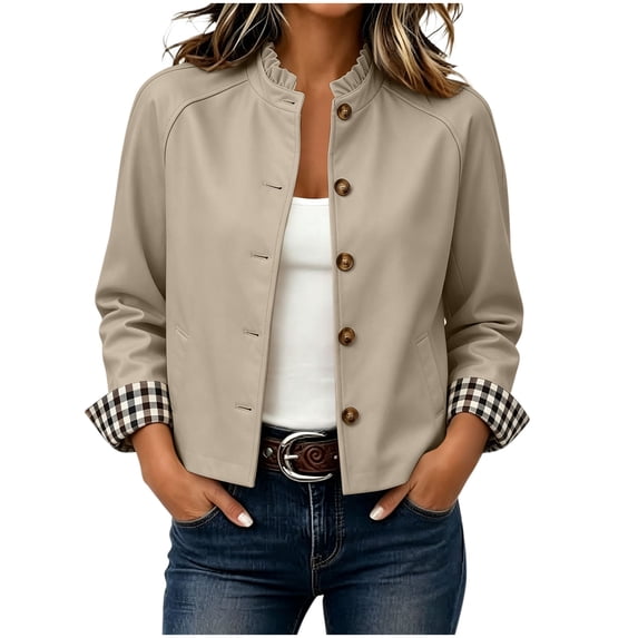 Byworldtasic Womens Short Trench Coat Ruffle Stand Collar Single Breasted Cropped Jackets Casual Outerwear