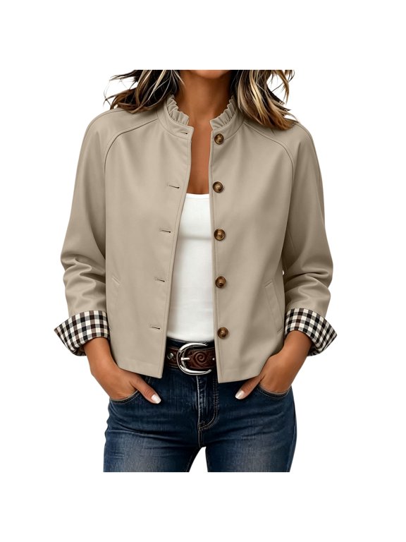 Womens Short Trench Coat Ruffle Stand Collar Single Breasted Cropped Jackets Casual Outerwear