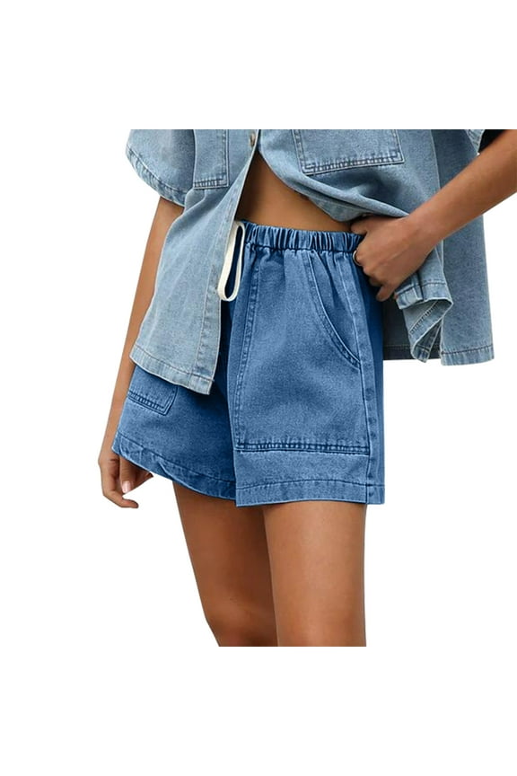 Womens Shorts Jean Shorts for Women Drawstring Denim High Elastic Waisted Baggy Summer Shorts with Pockets
