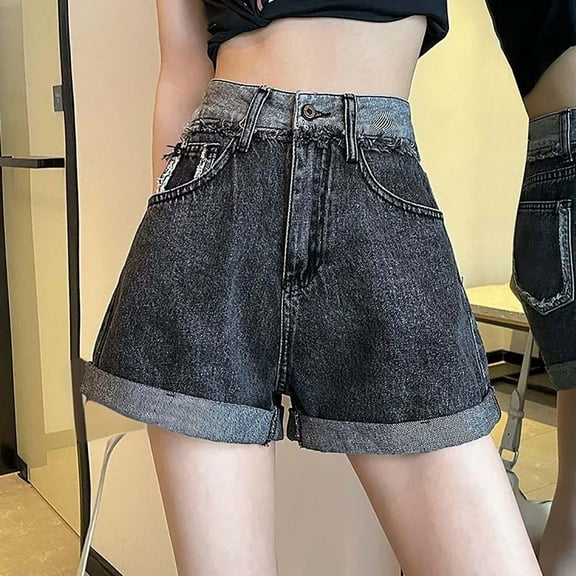 Byworldtasic Womens Shorts Vintage Spliced Women Jean Shorts Summer Stylish A-Line High Waist Loose Wide Leg Denim Shorts Pants