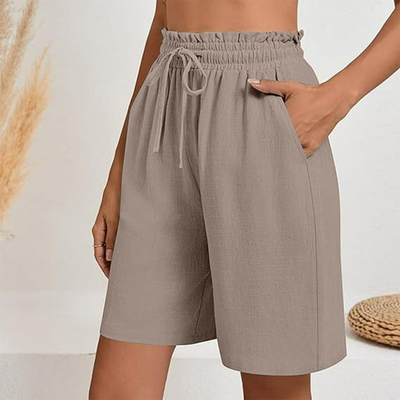 Byworldtasic Womens Shorts Women's Linen Summer Shorts Casual Bermuda Wide Leg Mid Length High Waisted Drawstring Short with Pocket