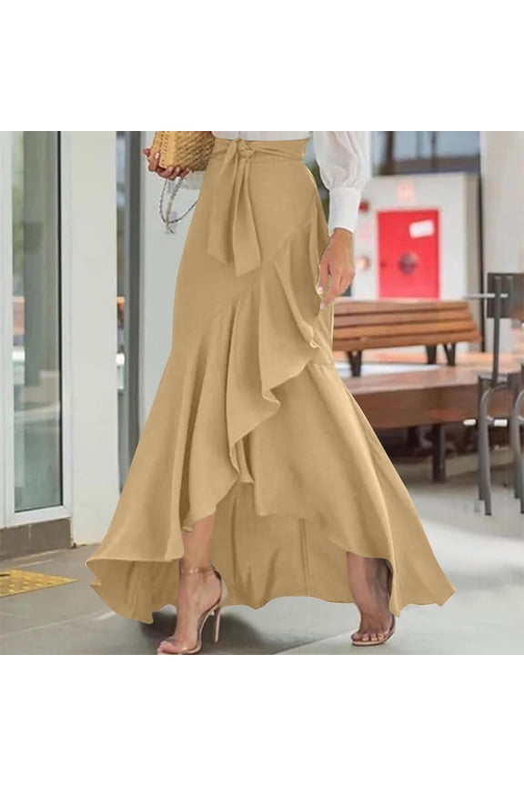Womens Skirts Women Ruffle Wrap Skirt Tie Waist Boho High Low Asymmetrical Midi Beach Skirt