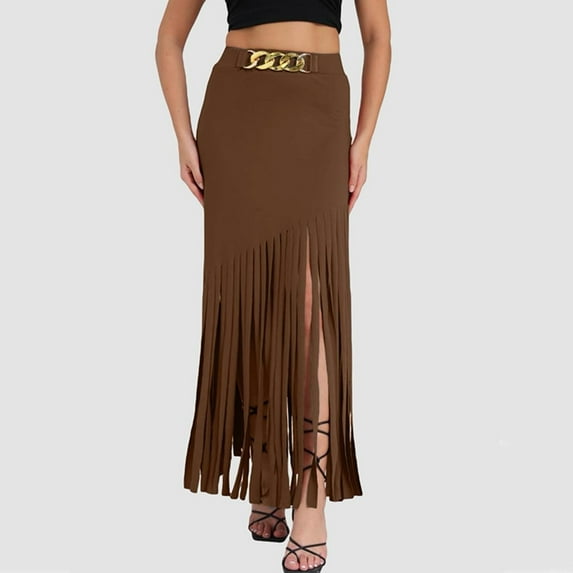 Byworldtasic Womens Skirts Women's Black Fringe Skirt High Waist Bodycon Asymmetrical Hem Long Festival Party Punk Tassel Skirts