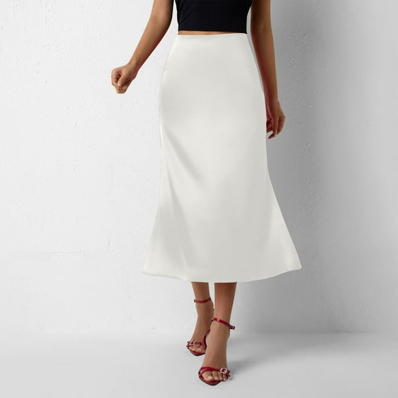 Byworldtasic Womens Skirts Women's Satin High Waist Hidden Elasticized Waistband Flared Casual A Line Midi Skirt