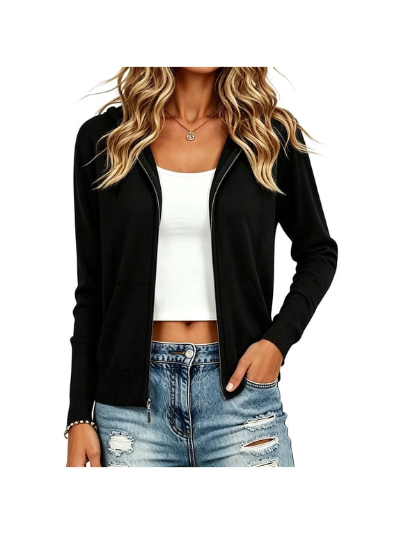 Womens Slim Fit Cardigans Long Sleeve Knitted Zip Up Cardigans Sweaters Lightweight Zipper Jacket
