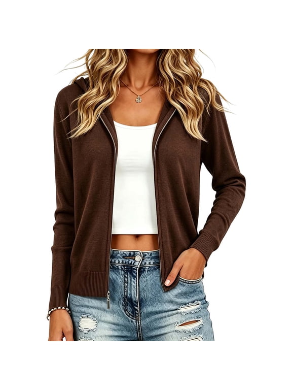 Womens Slim Fit Cardigans Long Sleeve Knitted Zip Up Cardigans Sweaters Lightweight Zipper Jacket