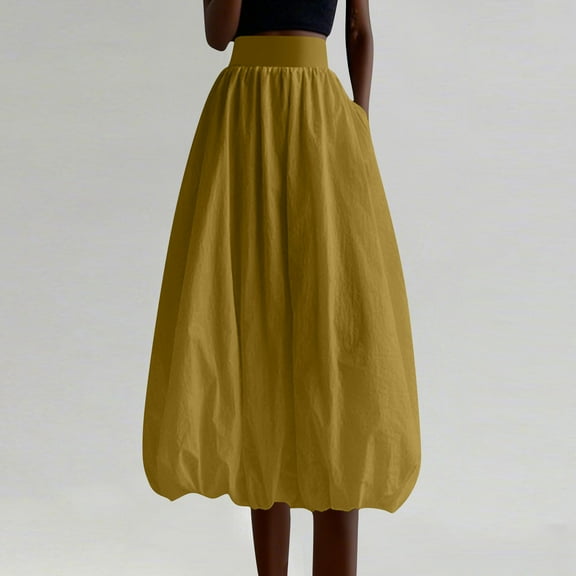 Byworldtasic Womens Solid Color Skirts Women Y2k Bubble Maxi Skirt Low Elastic Waist A Line Long Skirt Summer Casual Ruffle Pleated Midi Dress