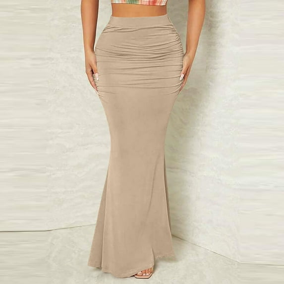 Byworldtasic Womens Solid Color Skirts Women's Casual Ruched High Waisted Fishtail Bodycon Long Maxi Skirt