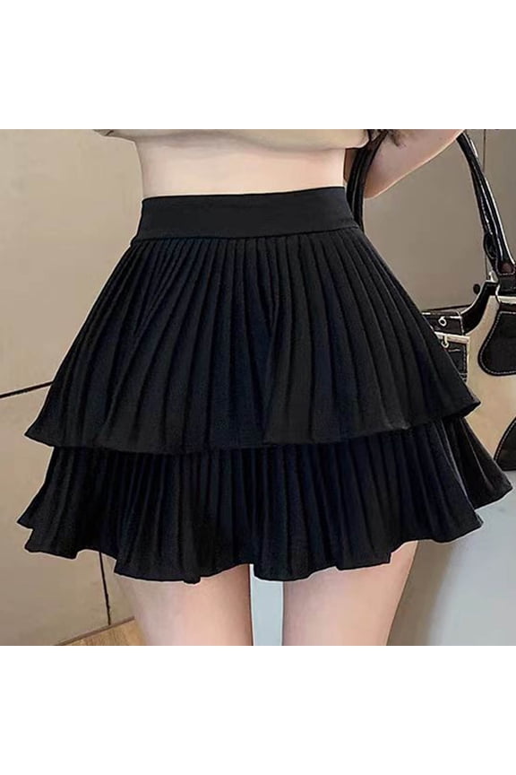 Womens Solid Color Skirts Women's Mini Skirt Flowy High Waisted Ruffle Hem Short Skirts Cute Boho A-Line Layered Skater Skirt