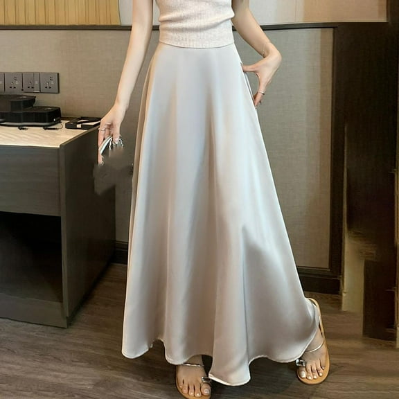 Byworldtasic Womens Solid Color Skirts Women's Satin High Waist Hidden Elasticized Waistband Flared Casual A Line Midi Skirt