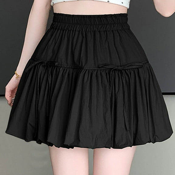 Byworldtasic Womens Solid Color Skirts Women's Y2K Bubble Shorts Elastic High Waist Ruffle Shorts Summer Fashion Short Skirts with Bow