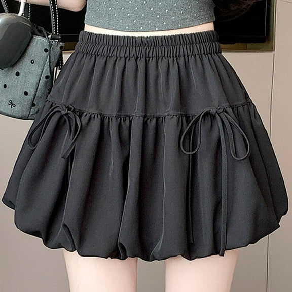 Byworldtasic Womens Solid Color Skirts Women's Y2K Bubble Shorts Elastic High Waist Ruffle Shorts Summer Fashion Short Skirts with Bow
