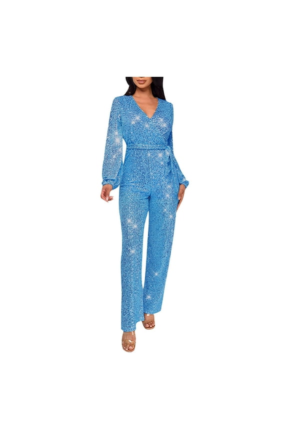 Womens Sparkly Jumpsuit Womens Formal Plus Size Long Sleeve Sequin Party Rompers Sexy V Neck Wide Leg Jumpsuits