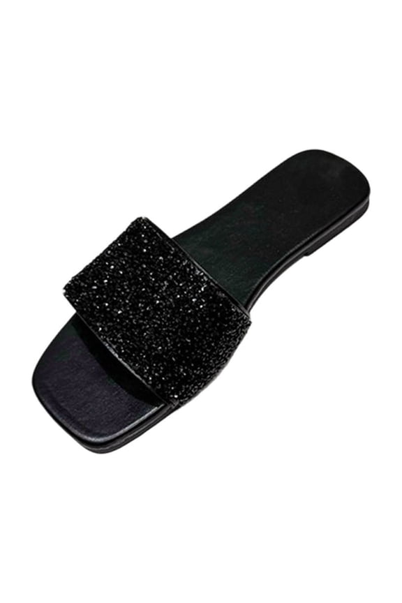 Womens Sparkly Rhinestone Sandals Square Open Toe Sandal Slip on Summer Flat Beach Sandals