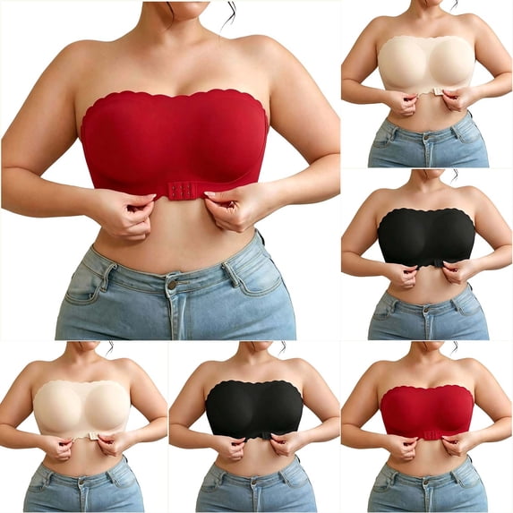 Byworldtasic Womens Strapless Seamless Wireless Bra Scalloped Edge Front Hook Bandeau Bra Non‑Slip Invisible Comfort Bralette