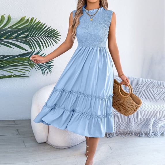 Byworldtasic Womens Summer Sleeveless Dress Round Neck Layered Ruffles Casual Boho Flowy Maxi Dress