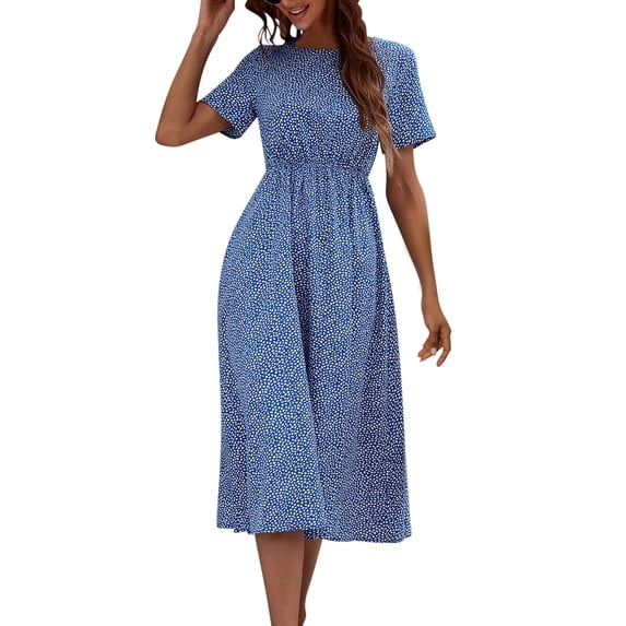 Byworldtasic Womens Summer Spring Smocked Maxi Dress Casual Short Sleeve Floral Boho Flowy Long Dress