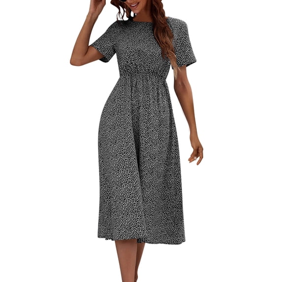 Byworldtasic Womens Summer Spring Smocked Maxi Dress Casual Short Sleeve Floral Boho Flowy Long Dress
