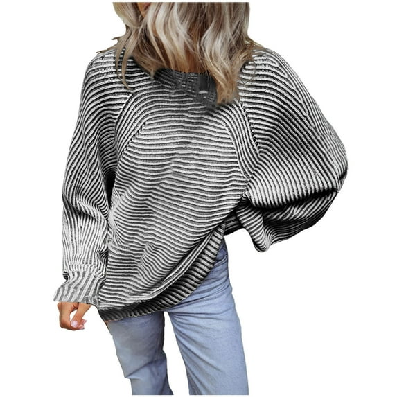 Byworldtasic Womens Sweaters Striped Sweaters for Women Boat Neck Batwing Sleeve Oversized Pullover Sweater Tops Black