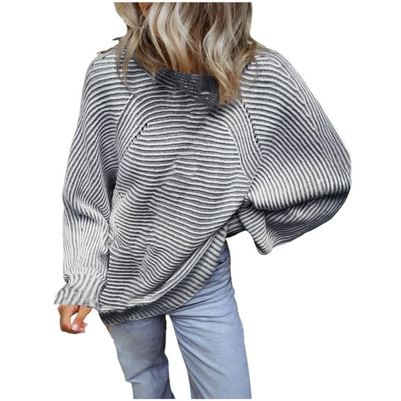 Byworldtasic Womens Sweaters Striped Sweaters for Women Boat Neck Batwing Sleeve Oversized Pullover Sweater Tops Gray
