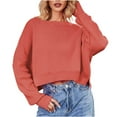 thumbnail image 1 of Byworldtasic Womens Sweaters Womens Fall Cropped Sweater Casual Long Sleeve Crew Neck Side Slit Ribbed Knit Pullover Sweater Crop Tops Watermelon Red, 1 of 9