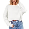 thumbnail image 1 of Byworldtasic Womens Sweaters Womens Fall Cropped Sweater Casual Long Sleeve Crew Neck Side Slit Ribbed Knit Pullover Sweater Crop Tops White, 1 of 9
