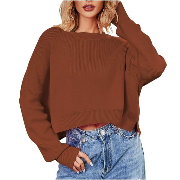 Byworldtasic Womens Sweaters Womens Fall Cropped Sweater Casual Long Sleeve Crew Neck Side Slit Ribbed Knit Pullover Sweater Crop Tops Wine