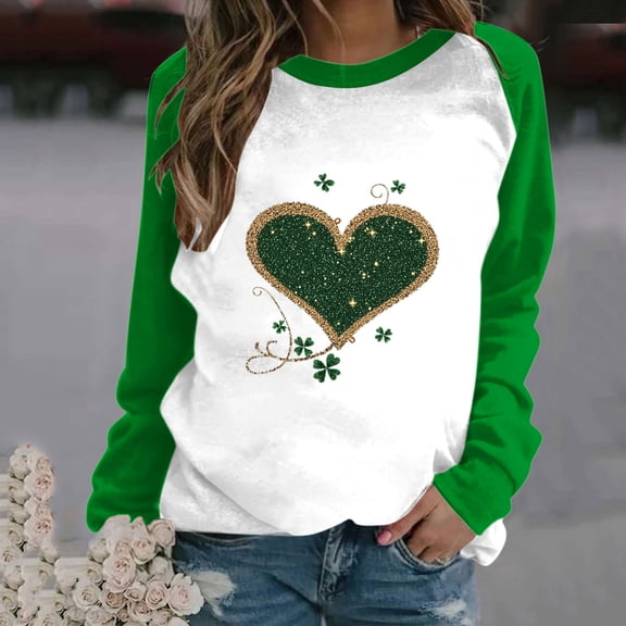 Byworldtasic Womens Sweatshirt Women's Casual Blouses St. Patrick's Day Print Long-sleeved Round-neck Tops