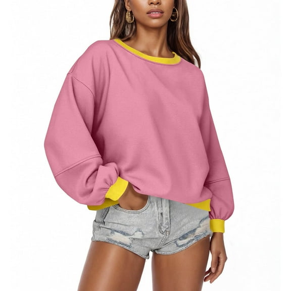Byworldtasic Womens Sweatshirt No Boundaries Womens Oversized Blouses Crewneck Long Sleeve Pullover Color Block Y2k Cropped Tops