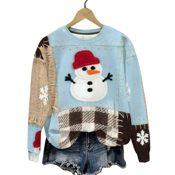 Byworldtasic Womens Top Women's Christmas Solid-color Round-neck Casual Sporty Long-sleeved Fleece Sweatshirt Top