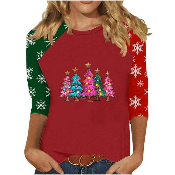 Byworldtasic Womens Top Womens Christmas Shirts Funny Snowflake Plus Size 3/4 Sleeve Tops Cute Crewneck Vacation Christmas Tree Shirt