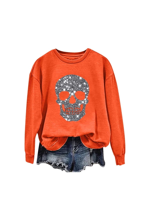 Womens Tops Women's Halloween Sweatshirts Skull Graphic T Shirts Long Sleeve Pullover Tops Gothic Fall Clothes 2025