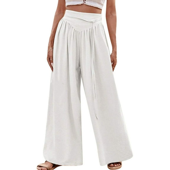 Byworldtasic Womens Trousers Womens Casual Loose Fit Palazzo Pants Elastic High Waist Lounge Long Pajama Wide Leg Trousers