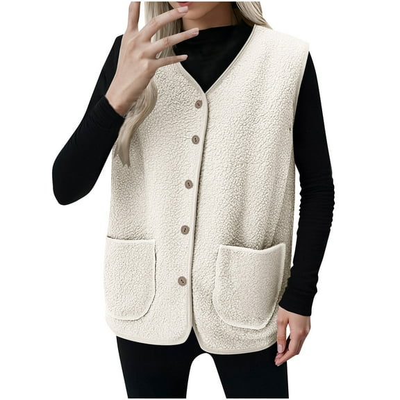 Byworldtasic Womens Vests Women's Fleece Fuzzy Vest Winter Warm V Neck Sleeveless Outerwear Lightweight Casual Waistcoat with Pocket