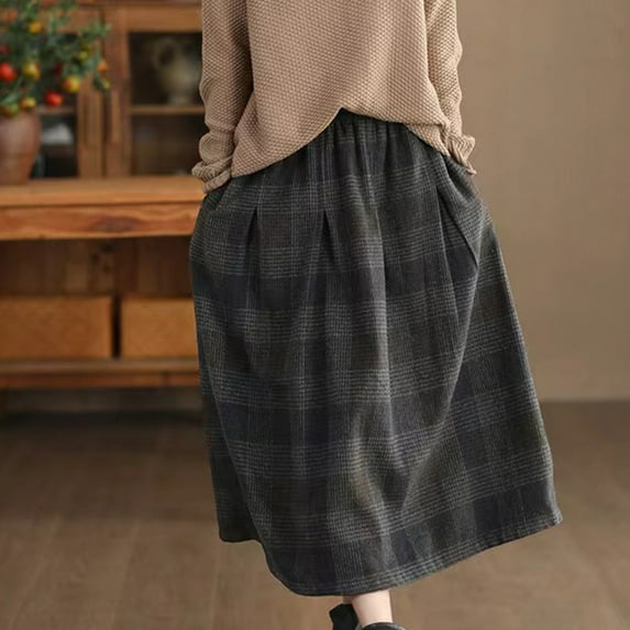 Byworldtasic Womens Vintage Plaid Wool Skirt Warm High Elastic Waist A Line Pleated Tartan Midi Long Skirts
