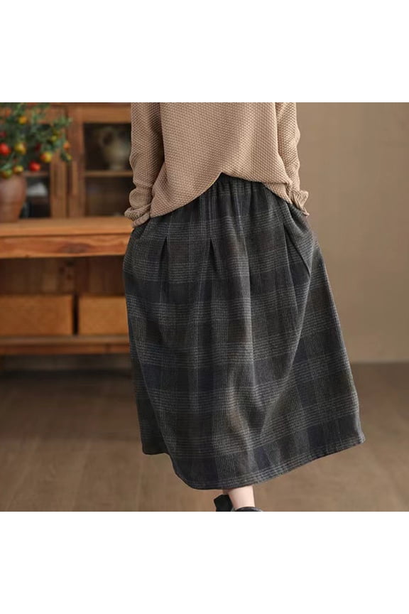 Womens Vintage Plaid Wool Skirt Warm High Elastic Waist A Line Pleated Tartan Midi Long Skirts