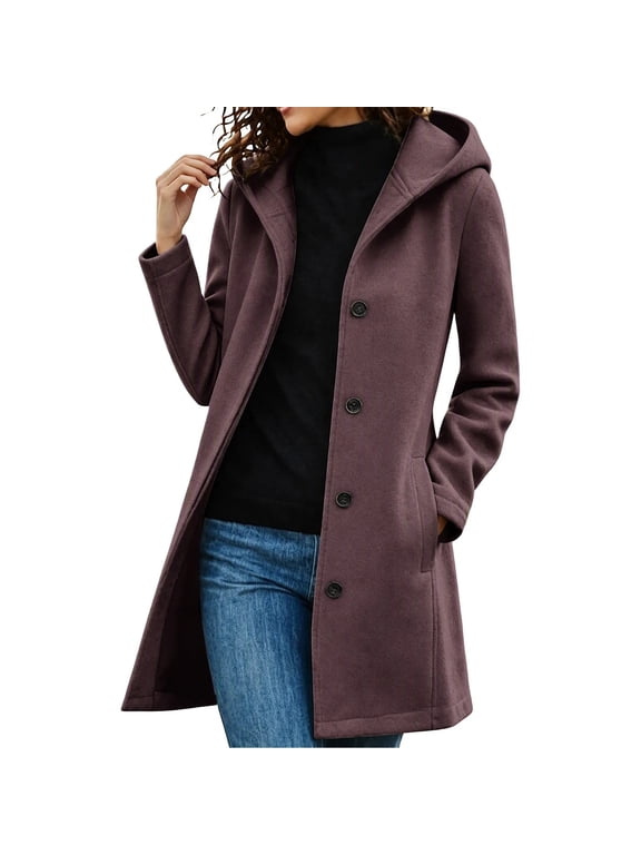 Womens Winter Elegant Pea Coat 2026 Single Breasted Long Overcoat Warm Work Office Coats with Pocket