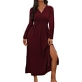 thumbnail image 1 of Byworldtasic Womens Wrap V-Neck Empire Waist Dress Long Sleeve Ruched Side Slit Elegant Maxi Dress, 1 of 8