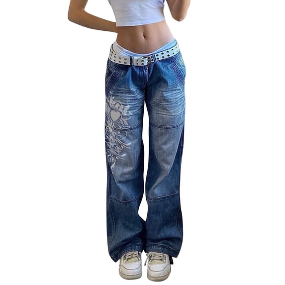 Byworldtasic Womens Y2K Jeans Women's Low Rise Heart Pattern Baggy Jeans Washed Wide Leg Denim Cargo Pants Y2k Streetwear